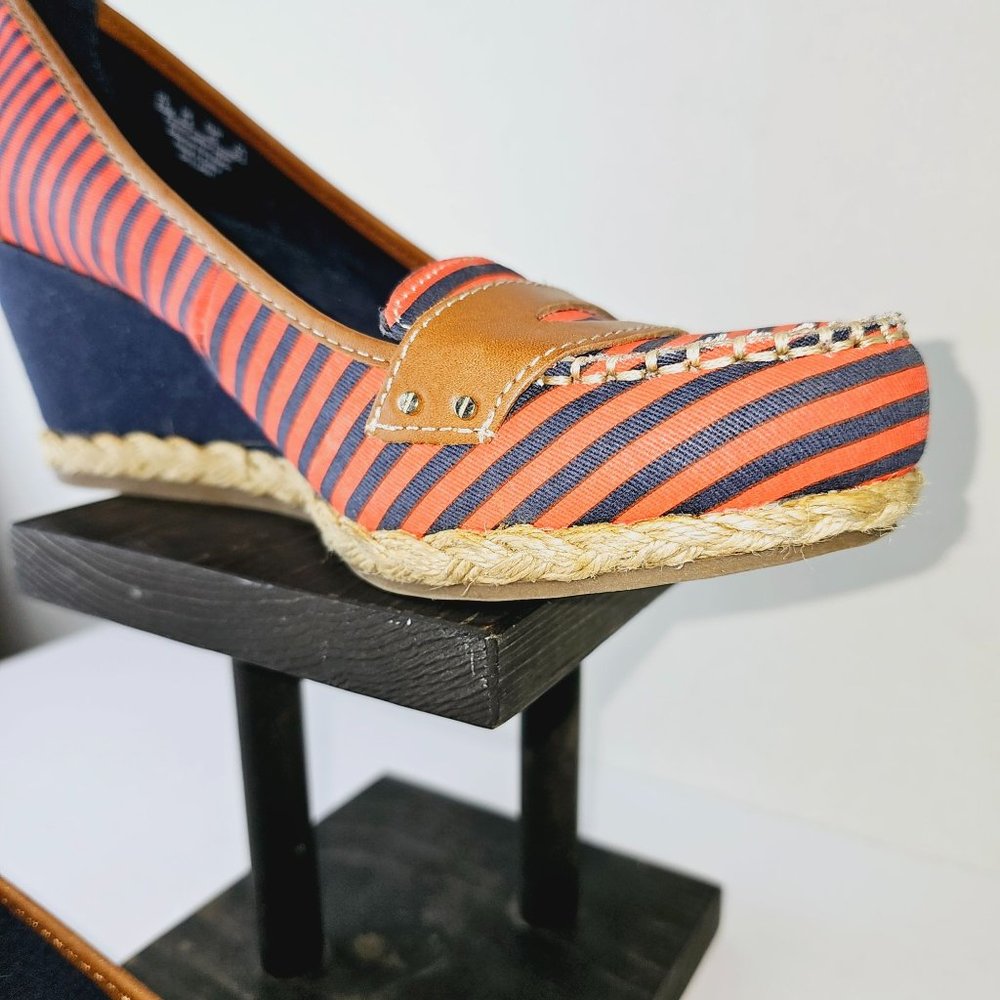 Dr. Scholl's Brilliant Red & Blue Striped Leather Fabric Wedges Shoes 8.5M - Picture 4 of 8